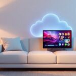 Modern living room scene with a tablet streaming IPTV, surrounded by a glowing network cloud, symbolizing access to internet television.