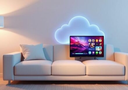 Modern living room scene with a tablet streaming IPTV, surrounded by a glowing network cloud, symbolizing access to internet television.
