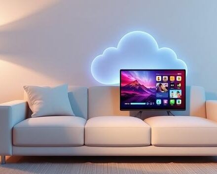 Modern living room scene with a tablet streaming IPTV, surrounded by a glowing network cloud, symbolizing access to internet television.