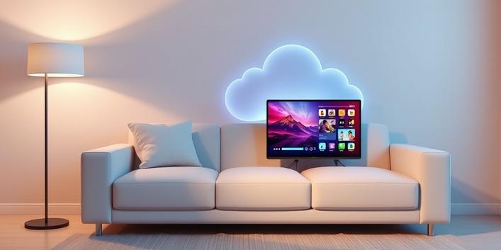 Modern living room scene with a tablet streaming IPTV, surrounded by a glowing network cloud, symbolizing access to internet television.