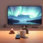 Cozy Nordic living room scene featuring a coffee table with a remote, coffee mug, and miniature landscape, in front of a 4K TV displaying the Northern Lights, advertising Nordisk IPTV.