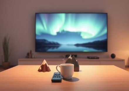 Cozy Nordic living room scene featuring a coffee table with a remote, coffee mug, and miniature landscape, in front of a 4K TV displaying the Northern Lights, advertising Nordisk IPTV.