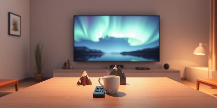 Cozy Nordic living room scene featuring a coffee table with a remote, coffee mug, and miniature landscape, in front of a 4K TV displaying the Northern Lights, advertising Nordisk IPTV.