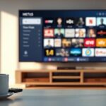 A photorealistic 3D rendering depicting a modern living room setup with a TV displaying various streaming channels, symbolizing IPTV.