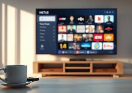 A photorealistic 3D rendering depicting a modern living room setup with a TV displaying various streaming channels, symbolizing IPTV.