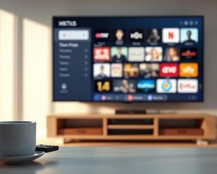 A photorealistic 3D rendering depicting a modern living room setup with a TV displaying various streaming channels, symbolizing IPTV.
