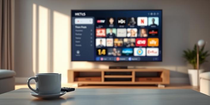 A photorealistic 3D rendering depicting a modern living room setup with a TV displaying various streaming channels, symbolizing IPTV.