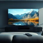 A serene living room scene showcasing a 4K IPTV experience with a high-definition nature documentary on a sleek television.