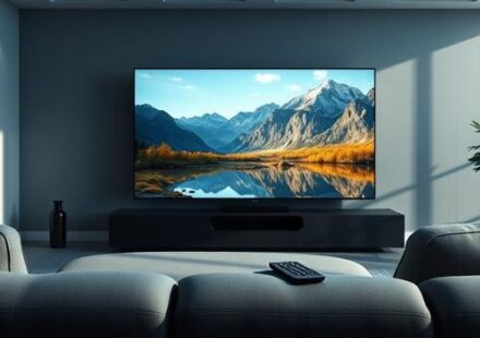 A serene living room scene showcasing a 4K IPTV experience with a high-definition nature documentary on a sleek television.