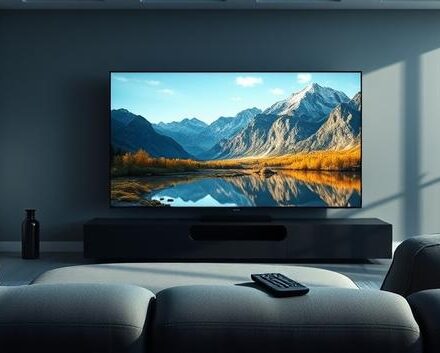 A serene living room scene showcasing a 4K IPTV experience with a high-definition nature documentary on a sleek television.