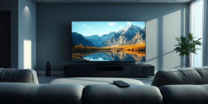 A serene living room scene showcasing a 4K IPTV experience with a high-definition nature documentary on a sleek television.