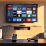 A modern living room with a large TV showing streaming icons, symbolizing free and premium IPTV options. Two remotes, one premium and one standard, sit on a table.