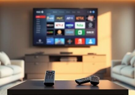 A modern living room with a large TV showing streaming icons, symbolizing free and premium IPTV options. Two remotes, one premium and one standard, sit on a table.