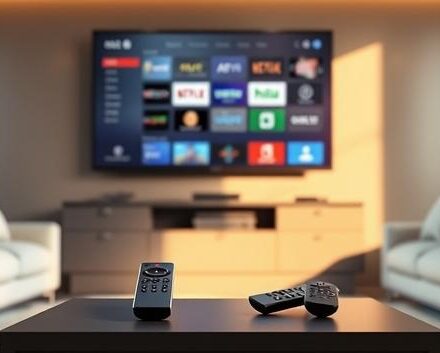 A modern living room with a large TV showing streaming icons, symbolizing free and premium IPTV options. Two remotes, one premium and one standard, sit on a table.
