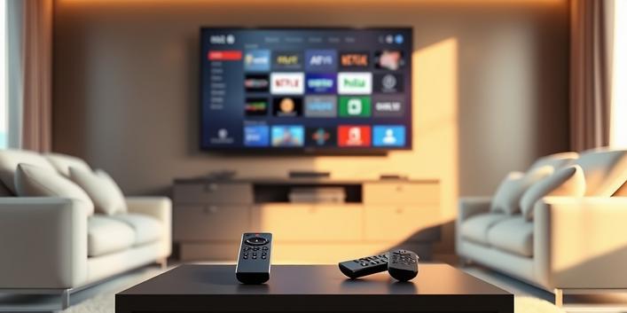 A modern living room with a large TV showing streaming icons, symbolizing free and premium IPTV options. Two remotes, one premium and one standard, sit on a table.