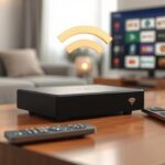 A sleek, modern IPTV box on a wooden table with streaming apps displayed on the blurry TV background. A Wi-Fi symbol floats above, and a remote sits beside the box.