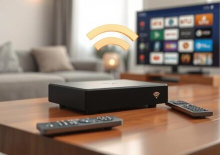 A sleek, modern IPTV box on a wooden table with streaming apps displayed on the blurry TV background. A Wi-Fi symbol floats above, and a remote sits beside the box.