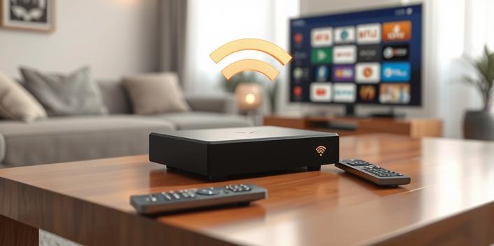 A sleek, modern IPTV box on a wooden table with streaming apps displayed on the blurry TV background. A Wi-Fi symbol floats above, and a remote sits beside the box.