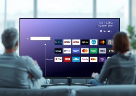 A modern TV displaying an Electronic Program Guide (EPG) with blurred figures representing viewers in the background, symbolizing IPTV.
