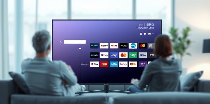 A modern TV displaying an Electronic Program Guide (EPG) with blurred figures representing viewers in the background, symbolizing IPTV.