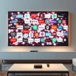 A modern living room with a smart TV displaying streaming service logos, representing IPTV.