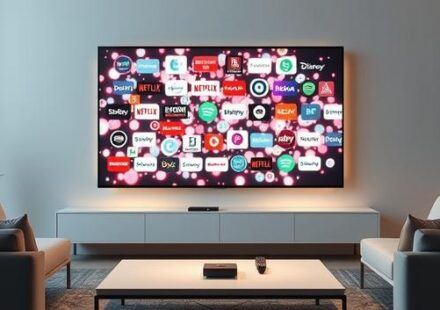 A modern living room with a smart TV displaying streaming service logos, representing IPTV.