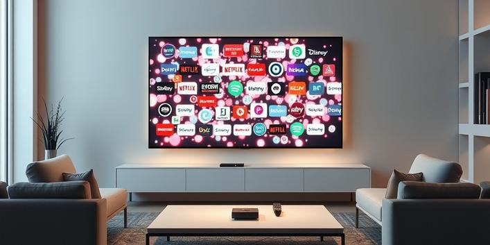 A modern living room with a smart TV displaying streaming service logos, representing IPTV.