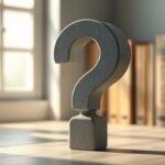 A concrete question mark stands prominently against a blurred backdrop of books, symbolizing an introduction to problems.