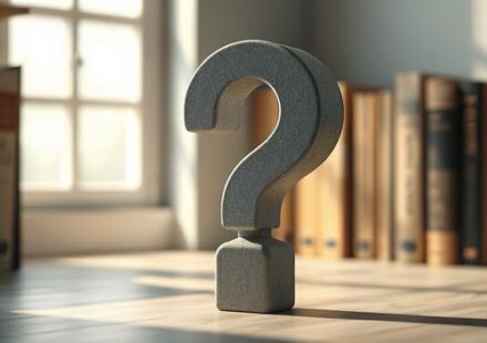 A concrete question mark stands prominently against a blurred backdrop of books, symbolizing an introduction to problems.