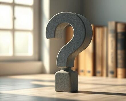 A concrete question mark stands prominently against a blurred backdrop of books, symbolizing an introduction to problems.