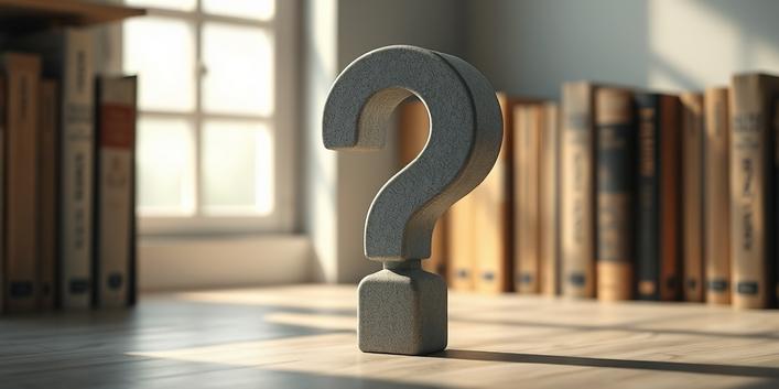 A concrete question mark stands prominently against a blurred backdrop of books, symbolizing an introduction to problems.