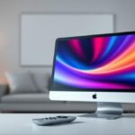 3D render of PC and Mac monitors displaying IPTV interfaces with a remote control, representing IPTV access on computers.