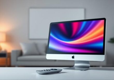 3D render of PC and Mac monitors displaying IPTV interfaces with a remote control, representing IPTV access on computers.