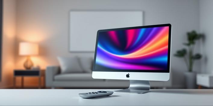 3D render of PC and Mac monitors displaying IPTV interfaces with a remote control, representing IPTV access on computers.