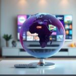 A holographic TV screen displaying international channels projects onto a world globe, symbolizing IPTV abroad.