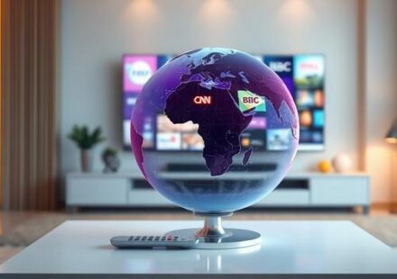 A holographic TV screen displaying international channels projects onto a world globe, symbolizing IPTV abroad.
