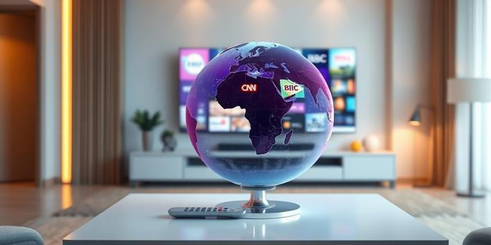 A holographic TV screen displaying international channels projects onto a world globe, symbolizing IPTV abroad.