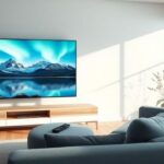 Modern living room scene with a large TV displaying Swedish landscapes, symbolizing IPTV in Sweden.