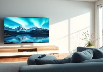 Modern living room scene with a large TV displaying Swedish landscapes, symbolizing IPTV in Sweden.