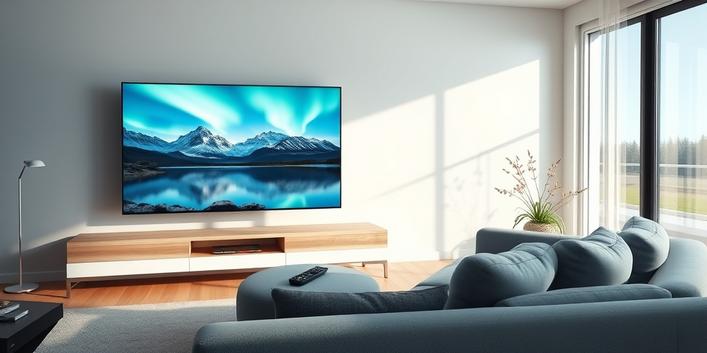 Modern living room scene with a large TV displaying Swedish landscapes, symbolizing IPTV in Sweden.