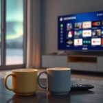 A serene Nordic-themed 3D illustration showcasing IPTV with a TV displaying international channels under the aurora borealis, accompanied by coffee.