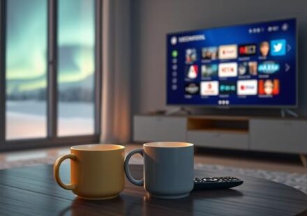 A serene Nordic-themed 3D illustration showcasing IPTV with a TV displaying international channels under the aurora borealis, accompanied by coffee.