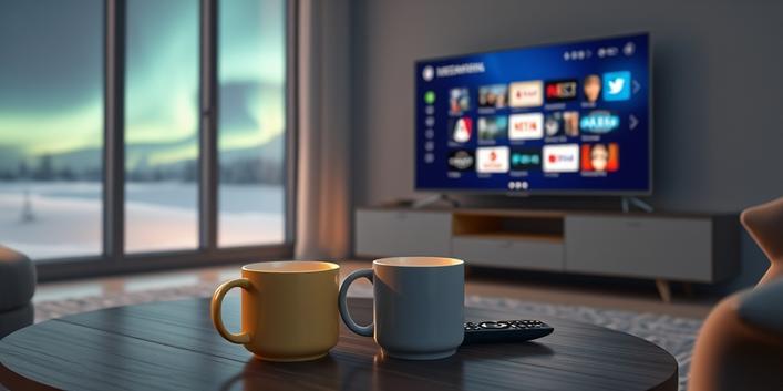 A serene Nordic-themed 3D illustration showcasing IPTV with a TV displaying international channels under the aurora borealis, accompanied by coffee.