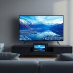 A 4K television displays vibrant Nordic landscapes in a modern living room, symbolizing Nordic IPTV. A tablet on the sofa mirrors the screen, with a glowing fiber optic cable connecting to the TV.