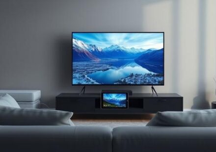 A 4K television displays vibrant Nordic landscapes in a modern living room, symbolizing Nordic IPTV. A tablet on the sofa mirrors the screen, with a glowing fiber optic cable connecting to the TV.