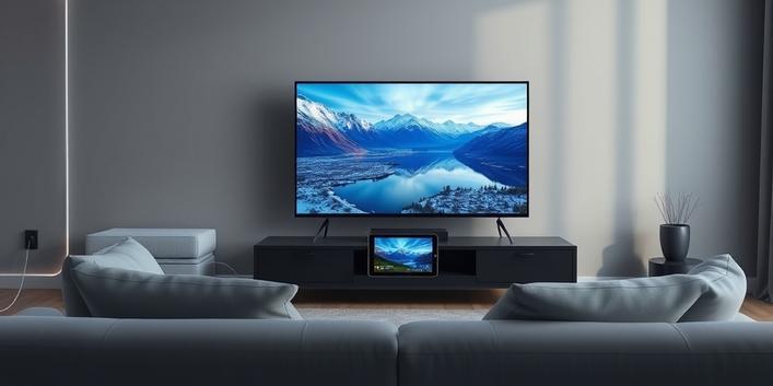 A 4K television displays vibrant Nordic landscapes in a modern living room, symbolizing Nordic IPTV. A tablet on the sofa mirrors the screen, with a glowing fiber optic cable connecting to the TV.