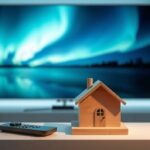 A minimalist 3D rendering of a modern living room featuring a 4K TV displaying a northern lights image, a stylized Nordic house figurine, and a remote control, symbolizing IPTV and Nordic IPTV 4K.
