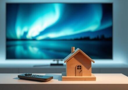 A minimalist 3D rendering of a modern living room featuring a 4K TV displaying a northern lights image, a stylized Nordic house figurine, and a remote control, symbolizing IPTV and Nordic IPTV 4K.