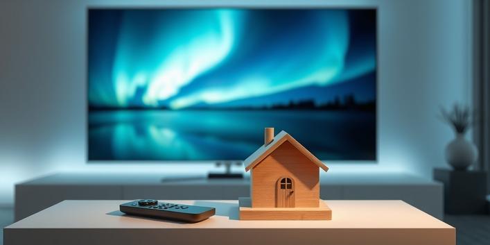A minimalist 3D rendering of a modern living room featuring a 4K TV displaying a northern lights image, a stylized Nordic house figurine, and a remote control, symbolizing IPTV and Nordic IPTV 4K.