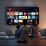 A family enjoys a wide variety of entertainment options through IPTV on their large screen television in a modern, comfortable living room.